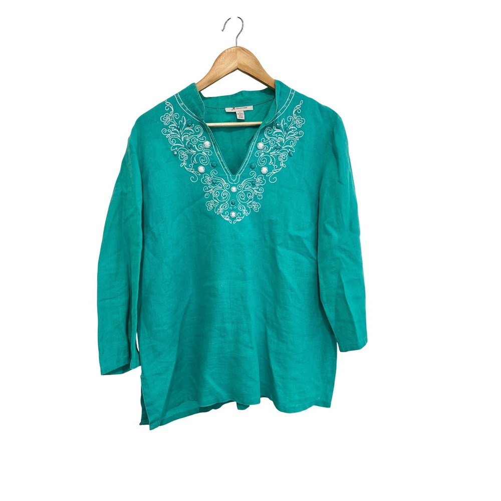 JM Collection Linen Tunic Top Teal Green Embroidered Beaded V-Neck Size 14